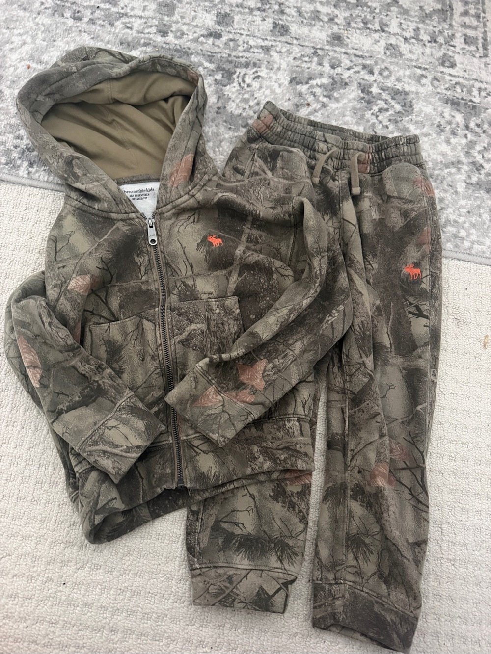 abercrombie kids Olive Camo Zip Hoodie & Joggers Set with Orange Logo